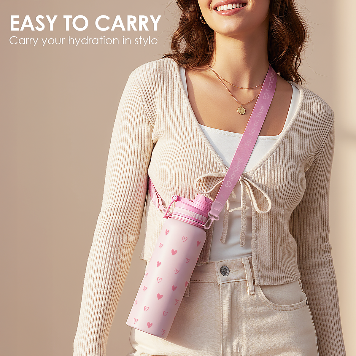 Pink Heart CamelMate | 2-in-1 Lid Water Bottle with Strap 32oz
