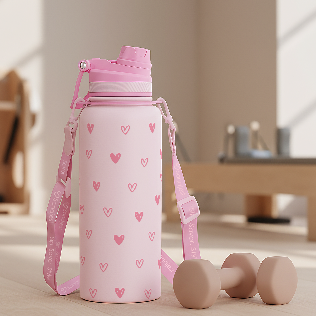 Pink Heart CamelMate | 2-in-1 Lid Water Bottle with Strap 32oz