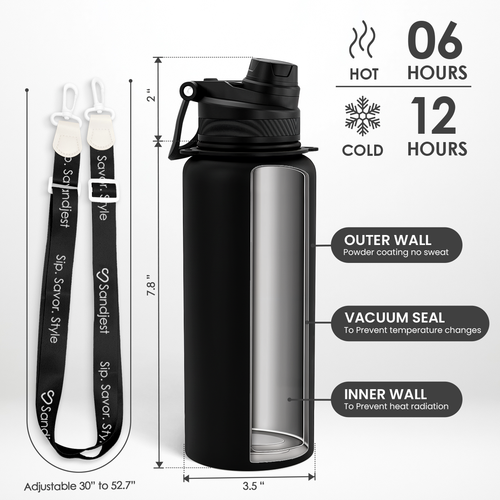 Black CamelMate | 2-in-1 Lid Water Bottle with Strap 32oz