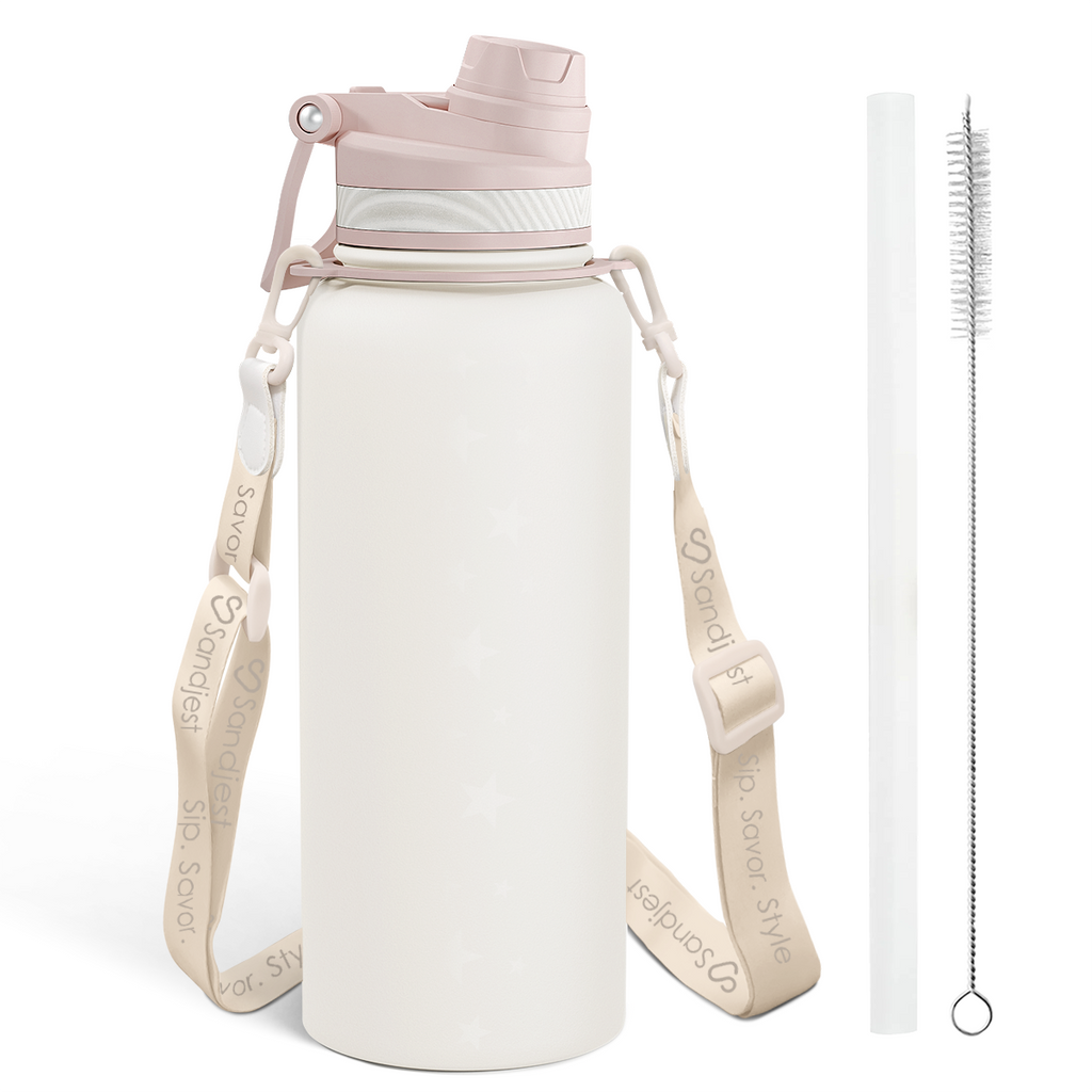 White CamelMate | 2-in-1 Lid Water Bottle with Strap 32oz
