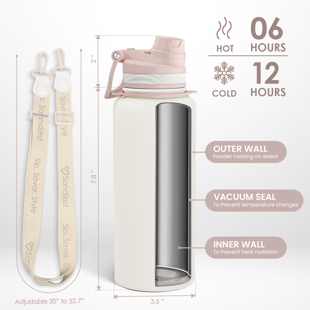 White CamelMate | 2-in-1 Lid Water Bottle with Strap 32oz