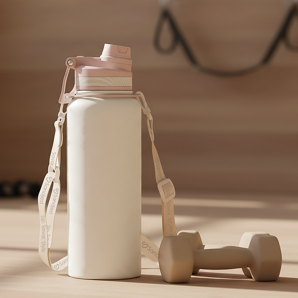 White CamelMate | 2-in-1 Lid Water Bottle with Strap 32oz