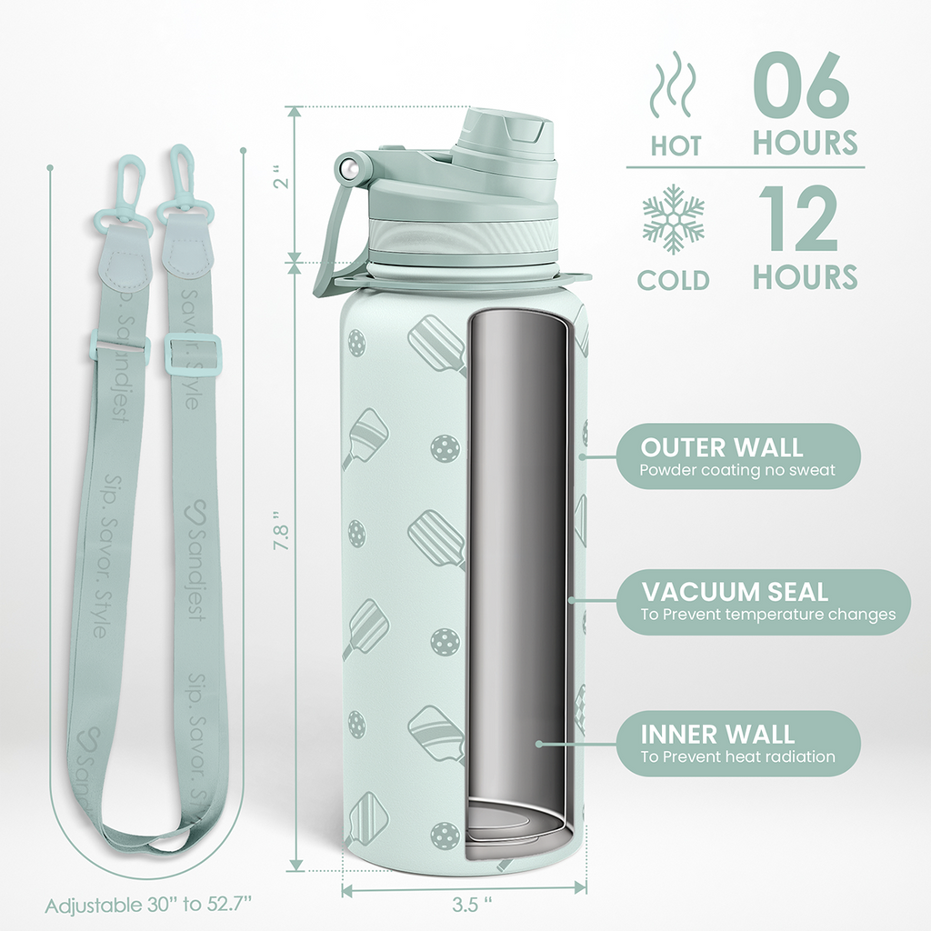 Mint Pickleball CamelMate | 2-in-1 Lid Water Bottle with Strap 32oz