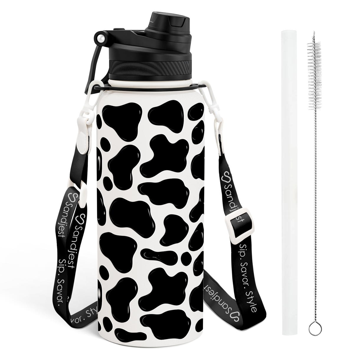 Black Cow Skin CamelMate | 2-in-1 Lid Water Bottle with Strap 32oz