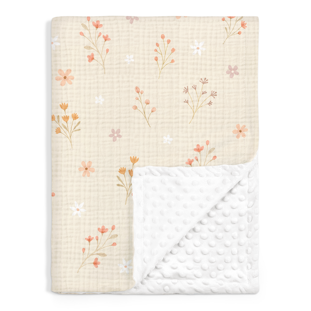 Beige Floral BreezeBuds | Baby Muslin Minky Dotted Blanket