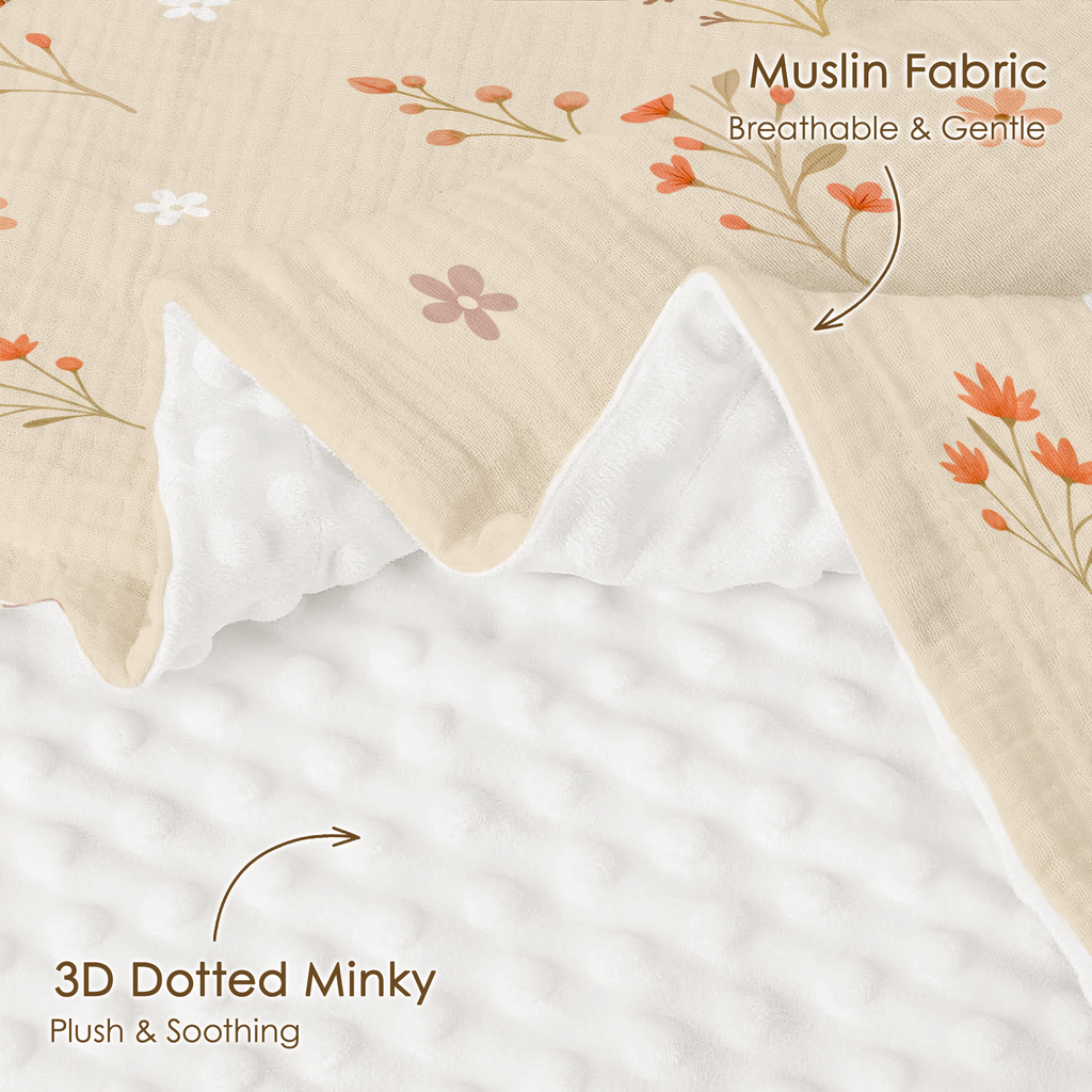 Beige Floral BreezeBuds | Baby Muslin Minky Dotted Blanket
