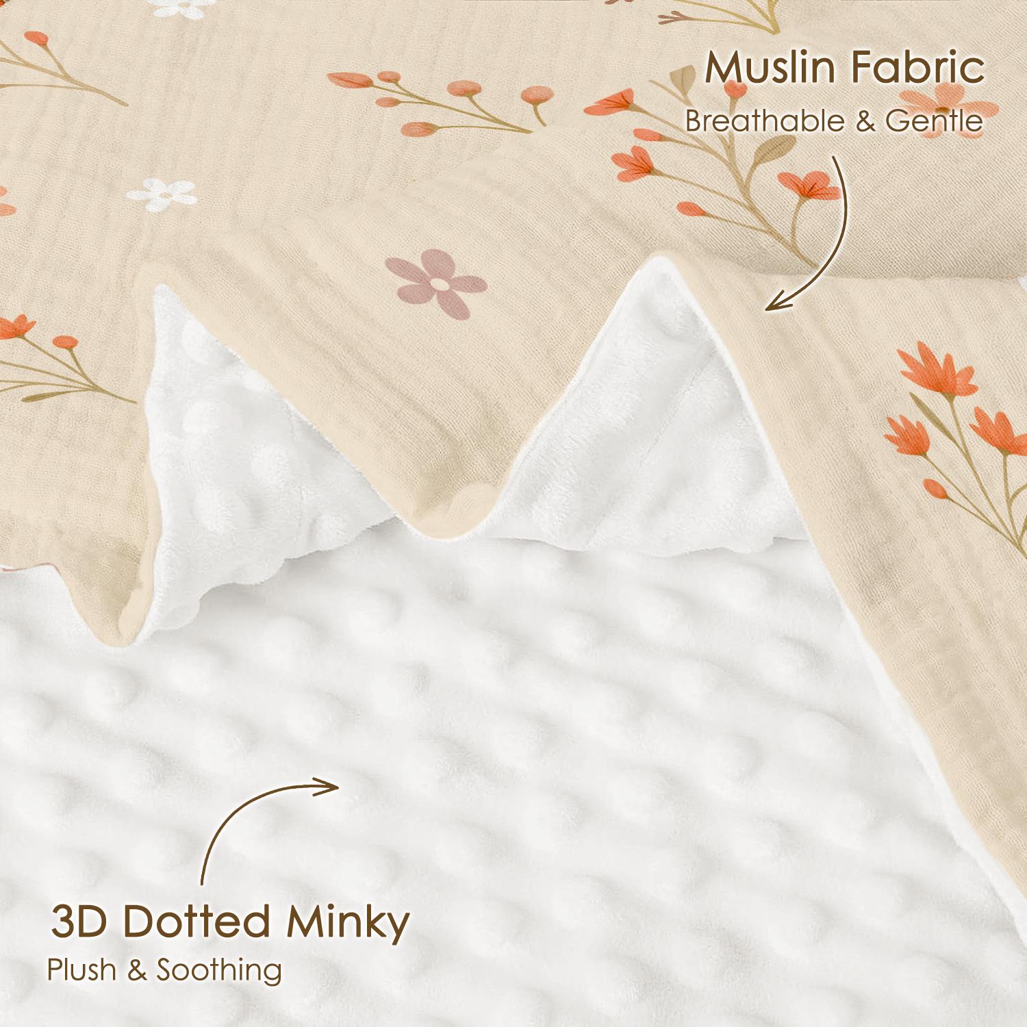 Beige Floral BreezeBuds | Baby Muslin Minky Dotted Blanket