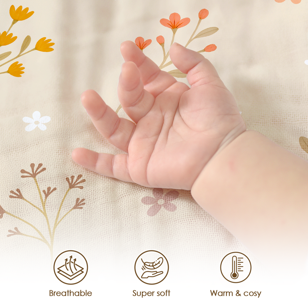 Beige Floral BreezeBuds | Baby Muslin Minky Dotted Blanket