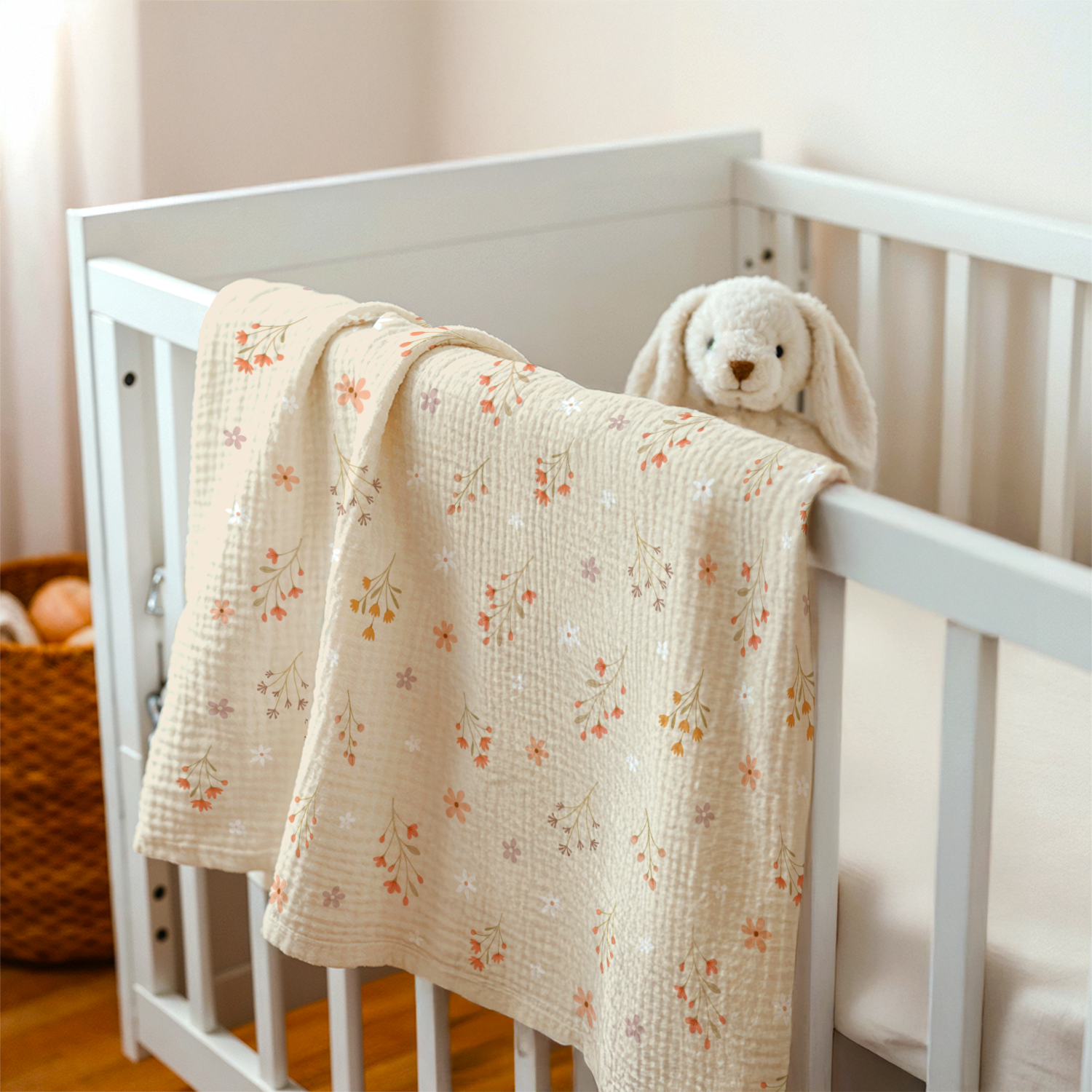 Beige Floral BreezeBuds | Baby Muslin Minky Dotted Blanket