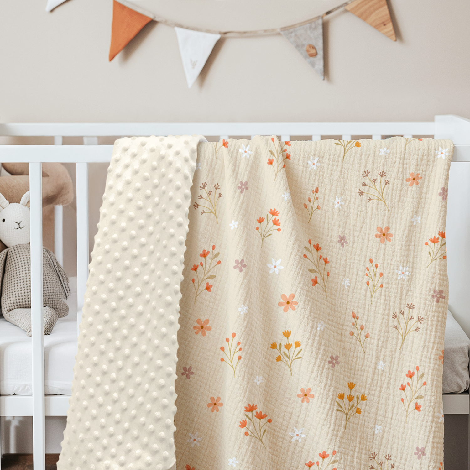 Beige Floral BreezeBuds | Baby Muslin Minky Dotted Blanket