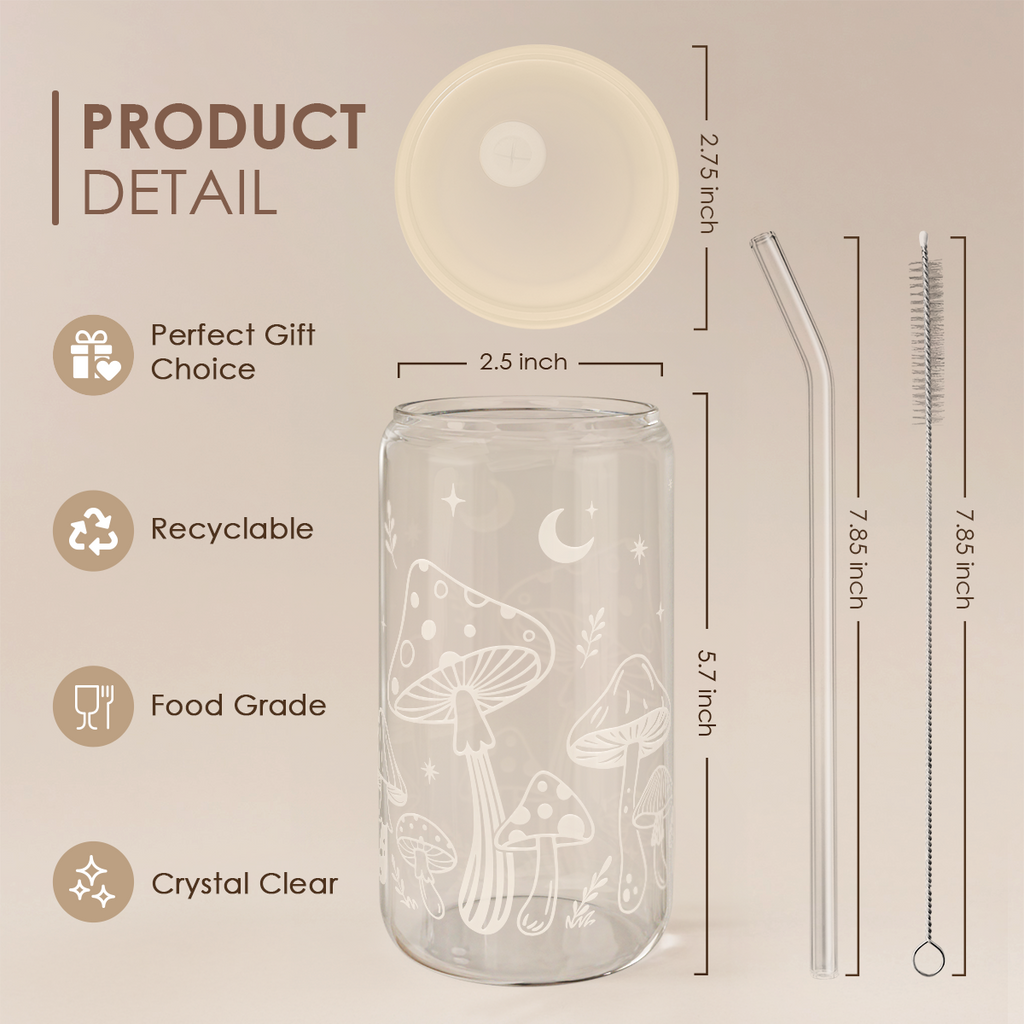 Mushroom GlassGlow | Glass Tumbler with Acrylic Lid 16oz