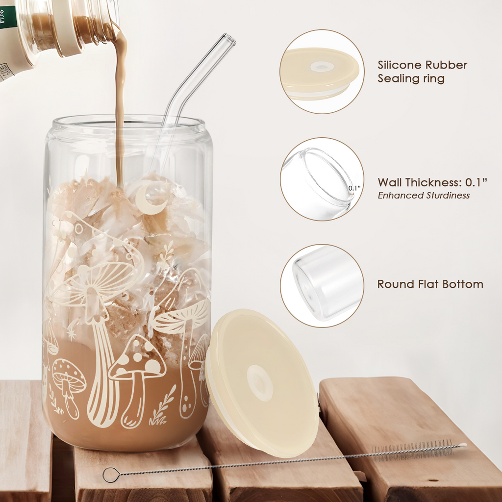 Mushroom GlassGlow | Glass Tumbler with Acrylic Lid 16oz