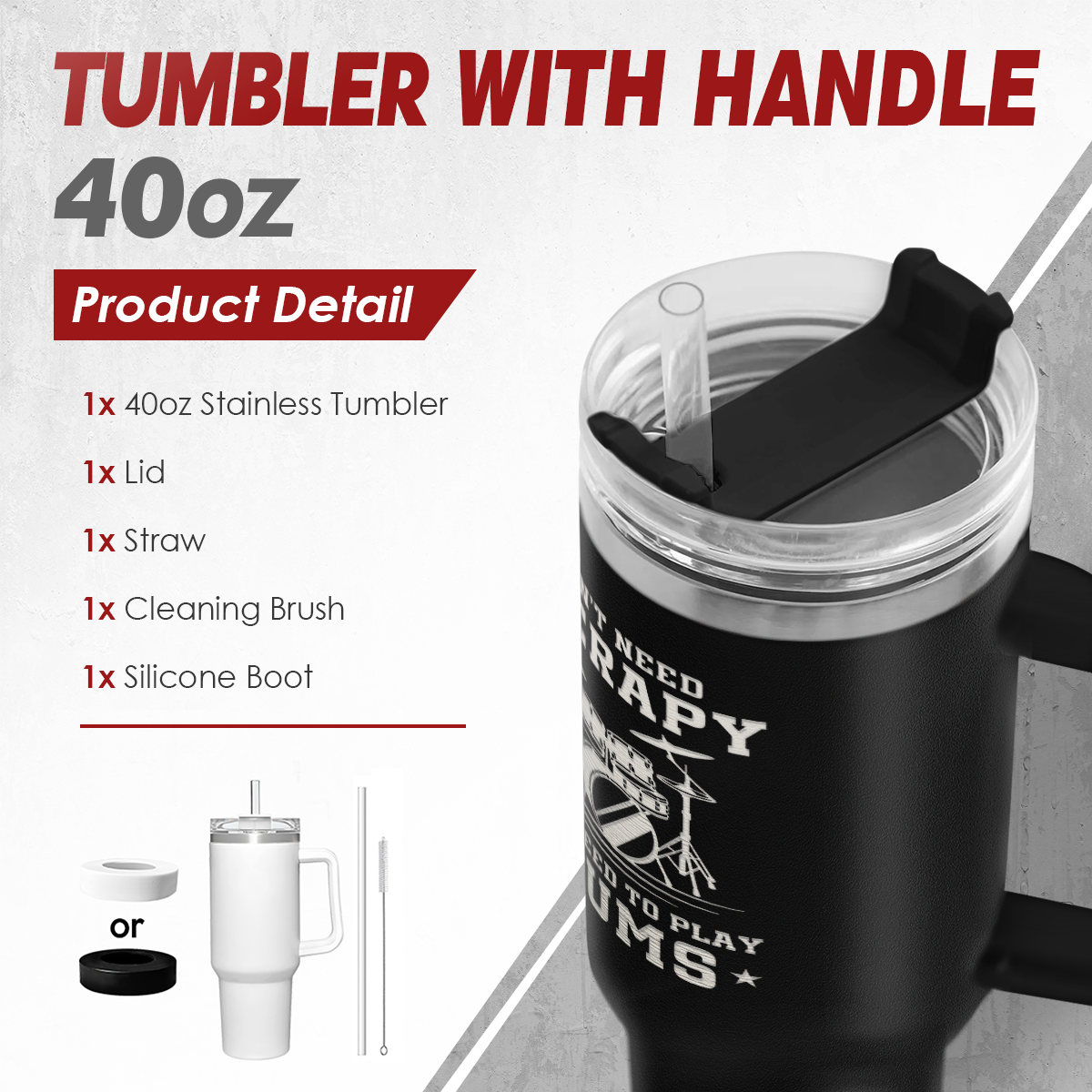 Black Drum Quencher Tumbler with Handle 40oz