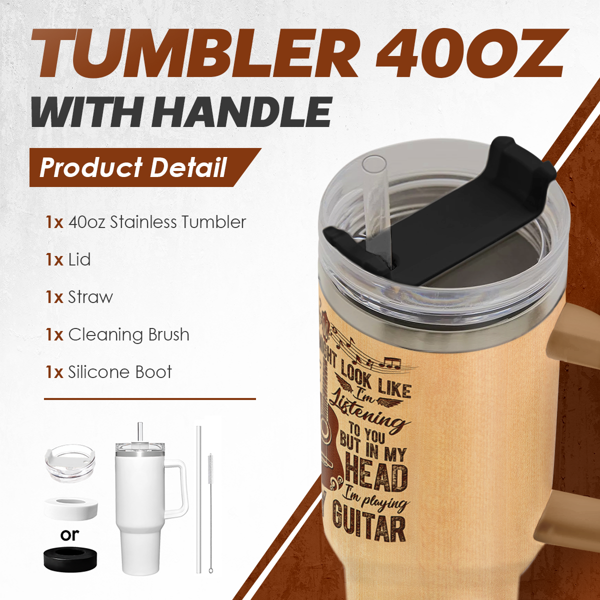 Brown Guitar Quencher Tumbler with Handle 40oz