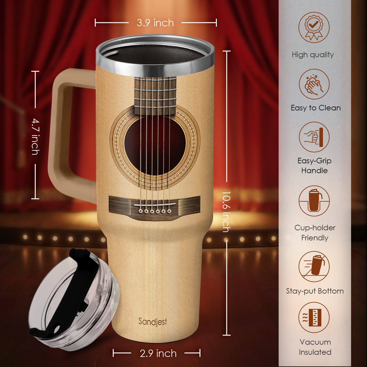 Brown Guitar Quencher Tumbler with Handle 40oz