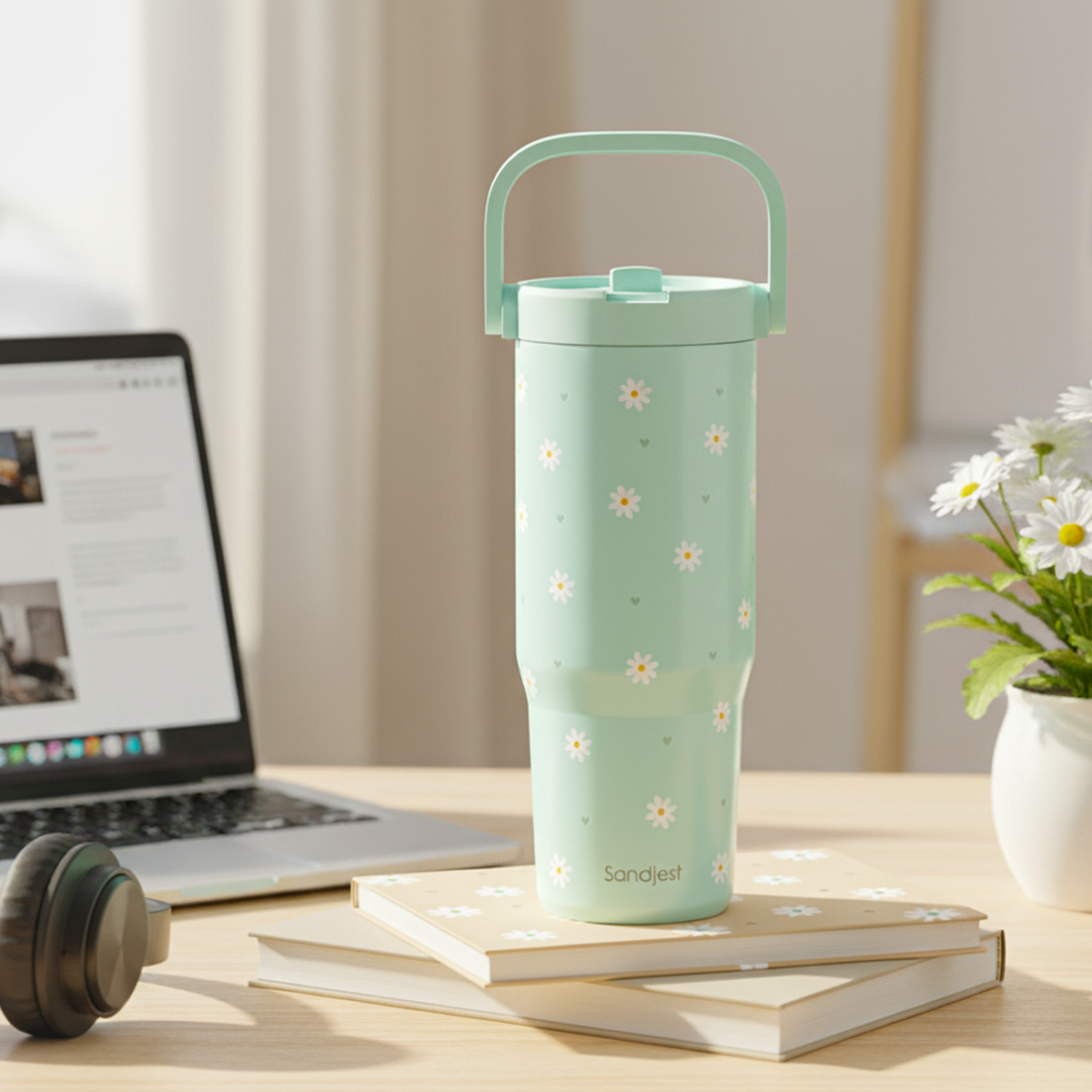 Mint Daisy TintFlip | Straw Lid Tumbler with Carry Handle 30oz