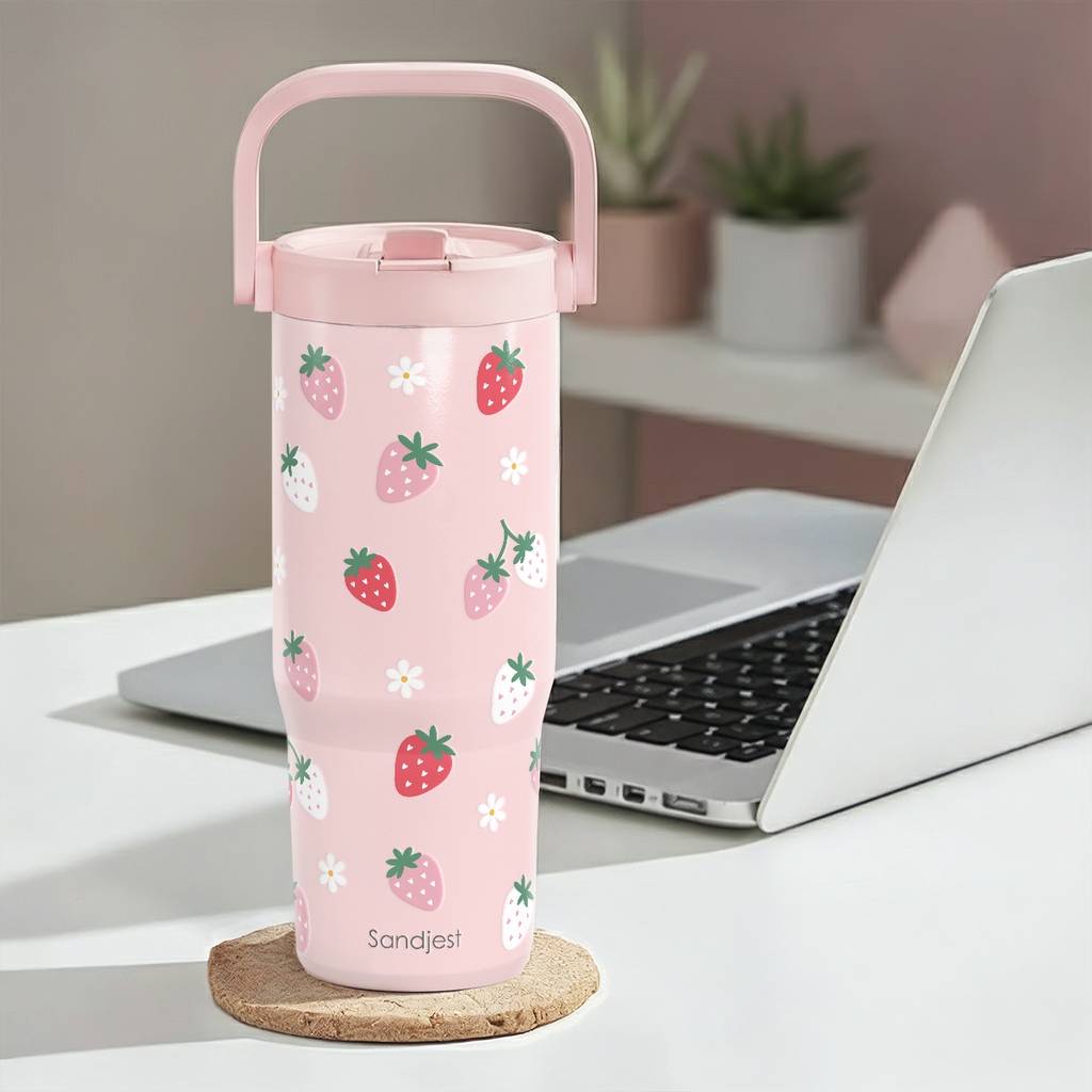 Pink Strawberry TintFlip | Straw Lid Tumbler with Carry Handle 30oz