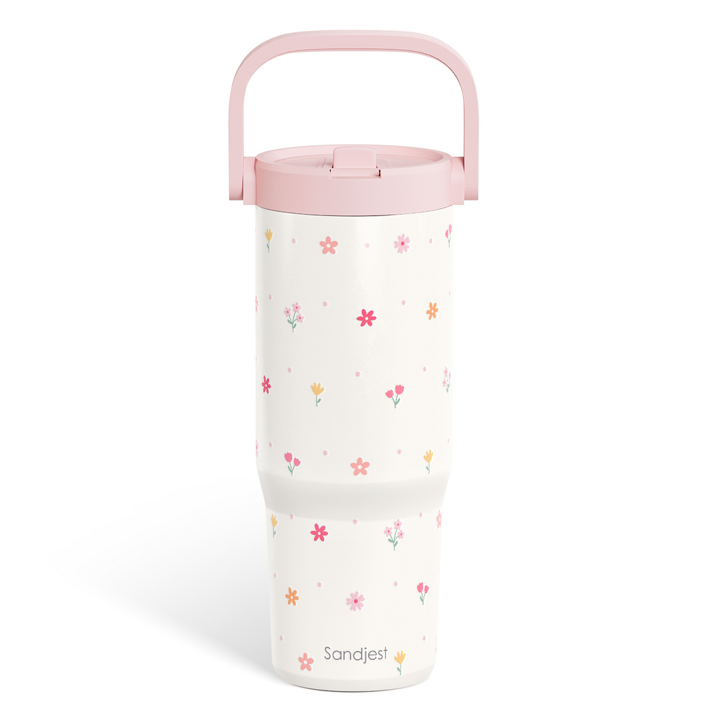 White Floral TintFlip | Straw Lid Tumbler with Carry Handle 30oz