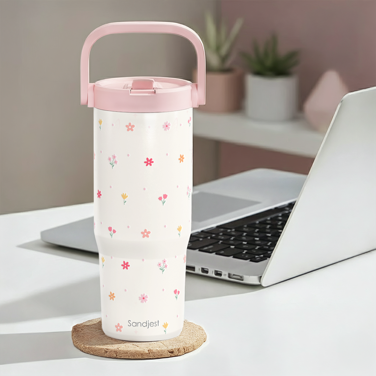 White Floral TintFlip | Straw Lid Tumbler with Carry Handle 30oz