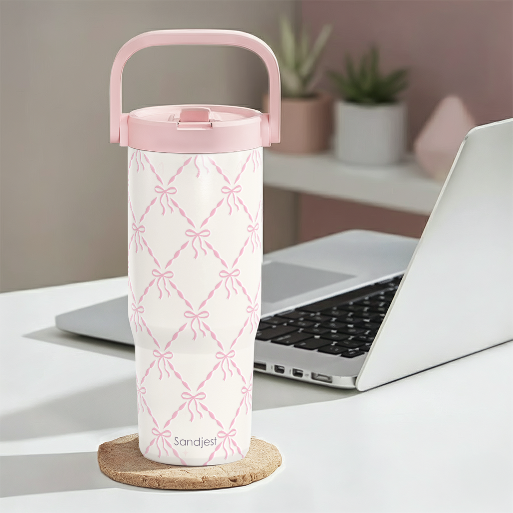 White Bow TintFlip | Straw Lid Tumbler with Carry Handle 30oz