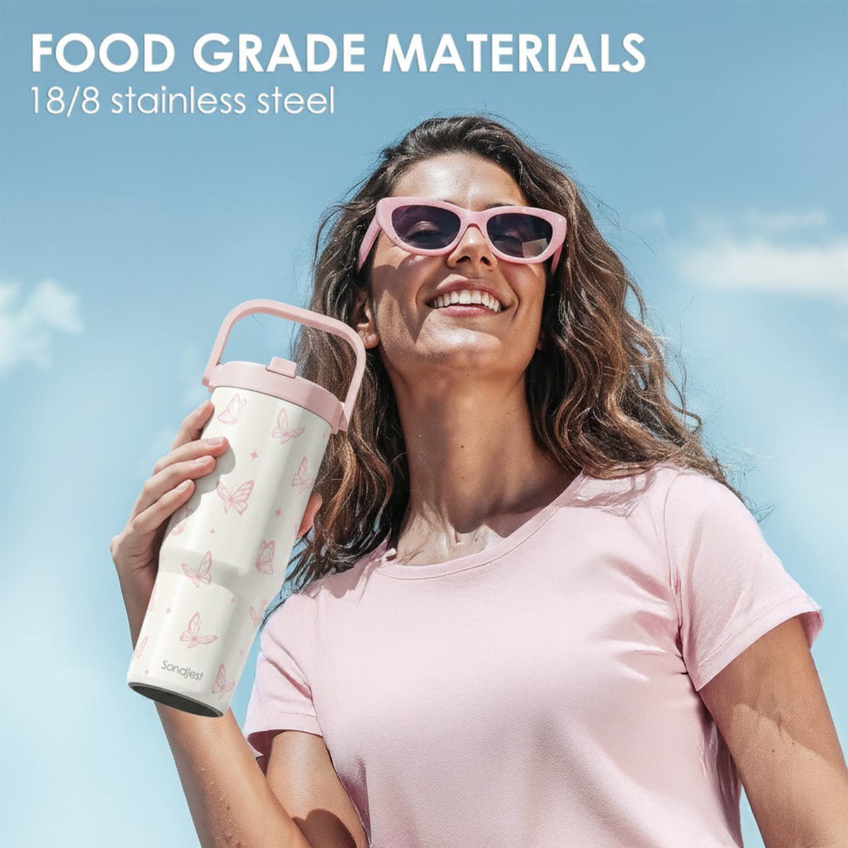 White Butterfly TintFlip | Straw Lid Tumbler with Carry Handle 30oz