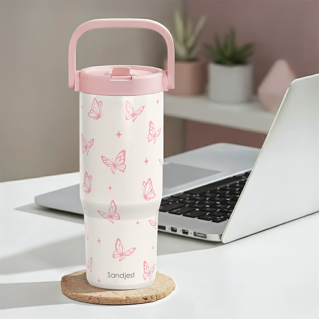 White Butterfly TintFlip | Straw Lid Tumbler with Carry Handle 30oz