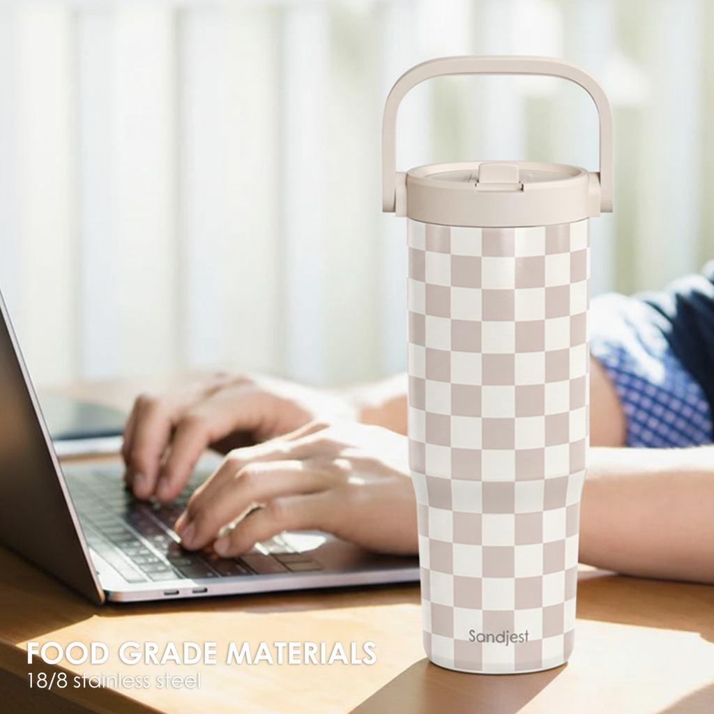 Brown Checker TintFlip | Straw Lid Tumbler with Carry Handle 30oz