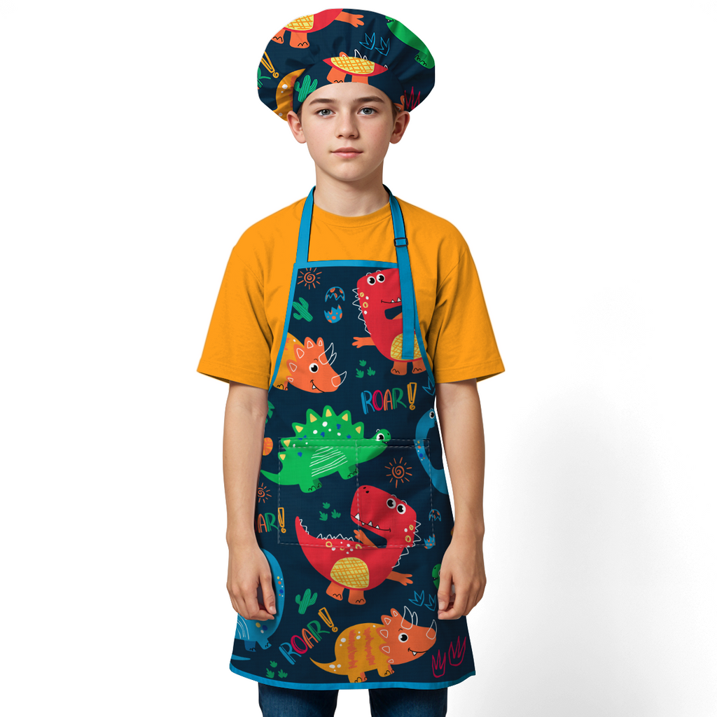 Blue Dinosaur SprinkleJoy | Kids Polyester Apron with Hat