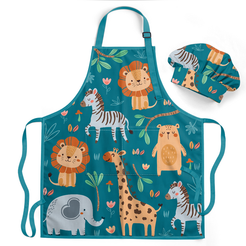 Blue Jungle Animal SprinkleJoy | Kids Polyester Apron with Hat