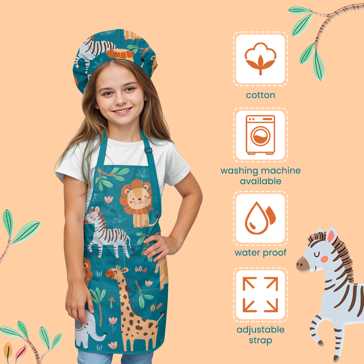 Blue Jungle Animal SprinkleJoy | Kids Polyester Apron with Hat