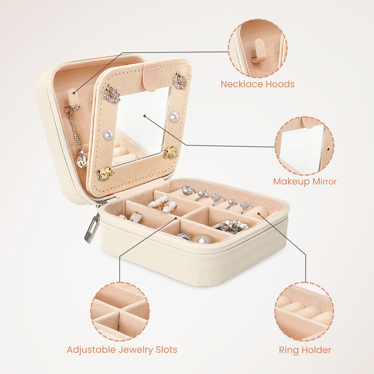 White Monogram Square Leather Travel Jewelry Case 4-Layer Sewing
