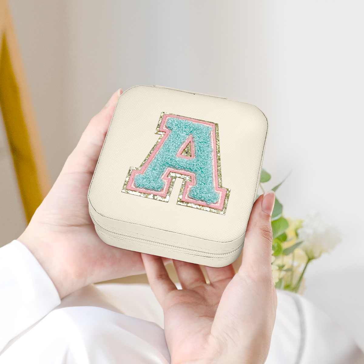 White Monogram Square Leather Travel Jewelry Case 4-Layer Sewing