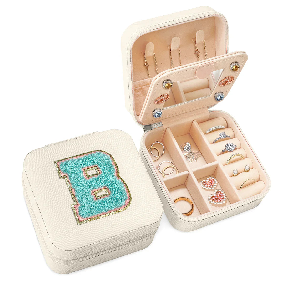 White Monogram Square Leather Travel Jewelry Case 4-Layer Sewing