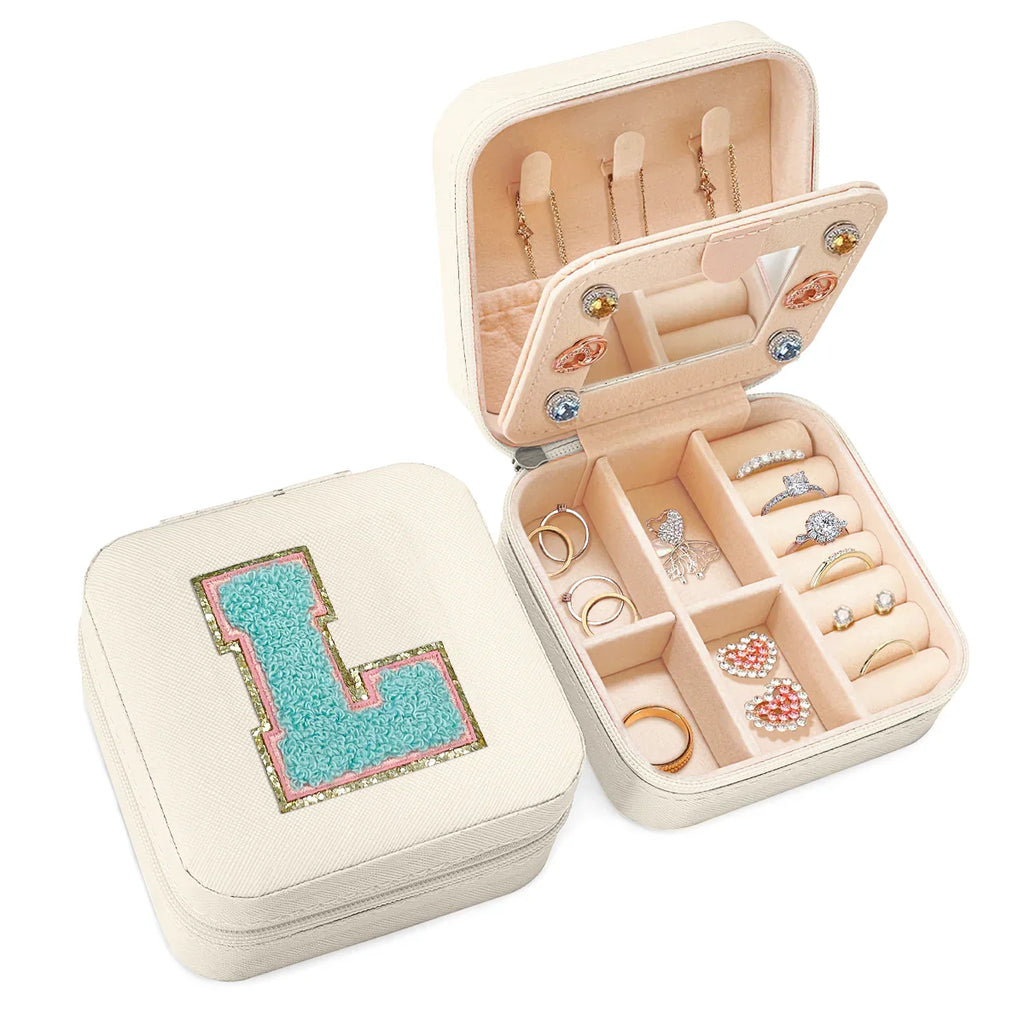 White Monogram Square Leather Travel Jewelry Case 4-Layer Sewing