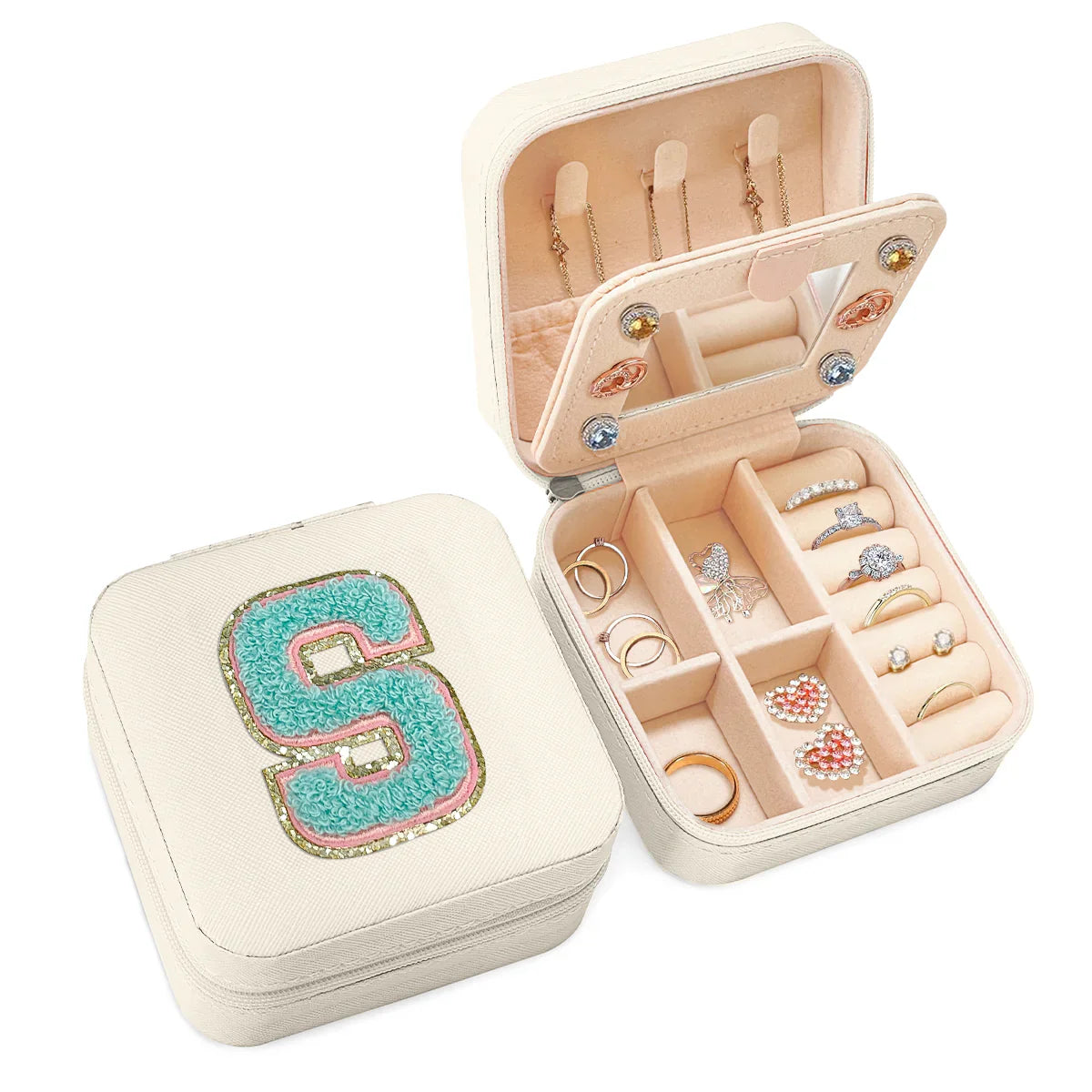 White Monogram Square Leather Travel Jewelry Case 4-Layer Sewing