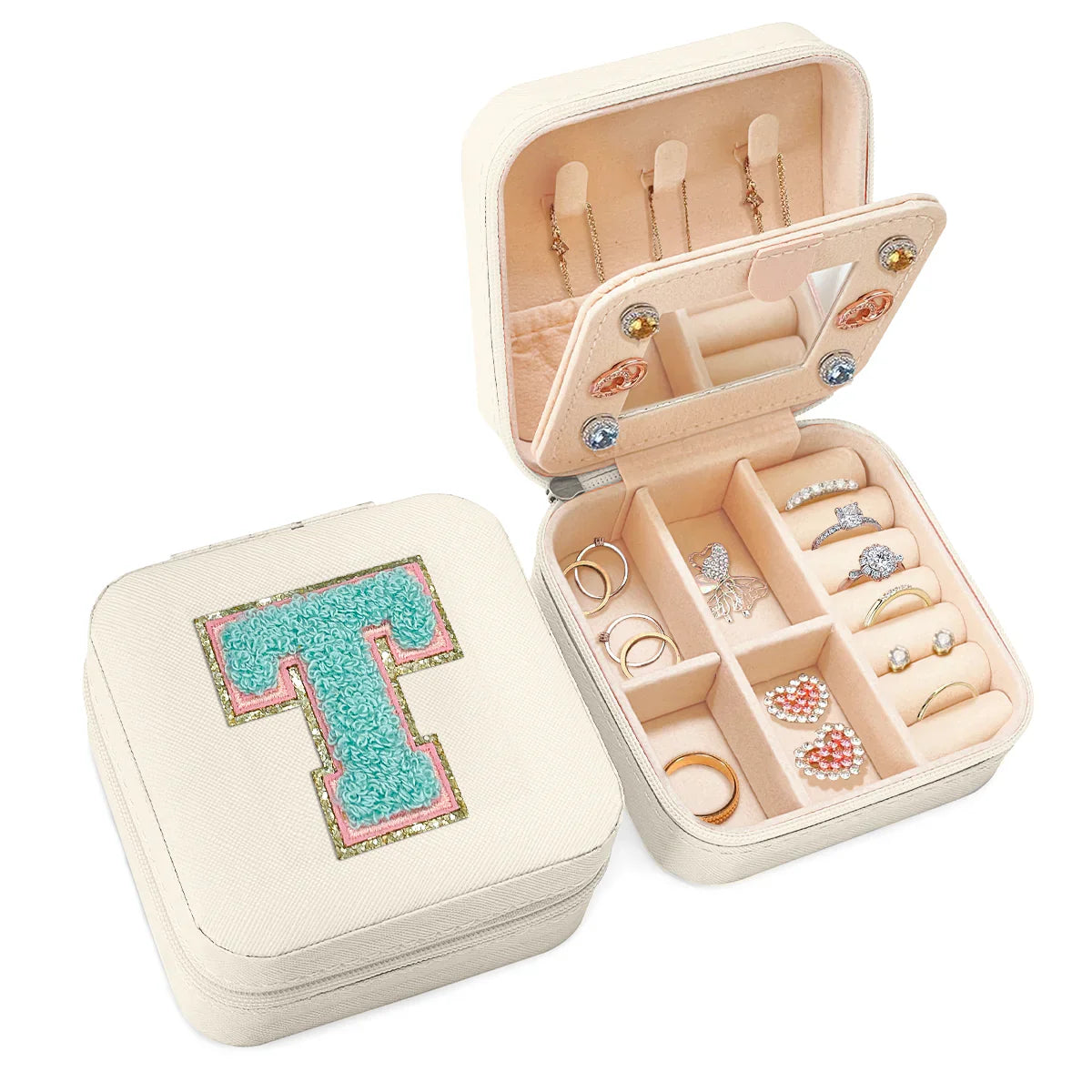 White Monogram Square Leather Travel Jewelry Case 4-Layer Sewing