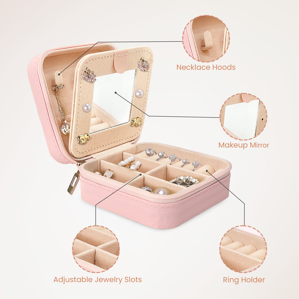 Pink Monogram Square Leather Travel Jewelry Case 4-Layer Sewing