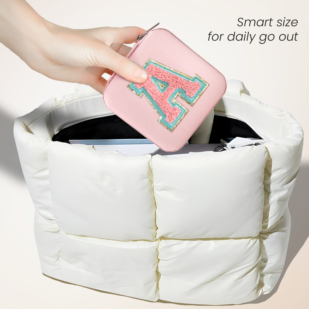 Pink Monogram Square Leather Travel Jewelry Case 4-Layer Sewing