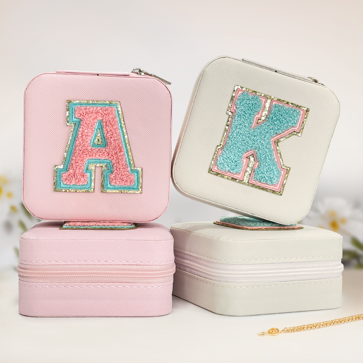 Pink Monogram Square Leather Travel Jewelry Case 4-Layer Sewing