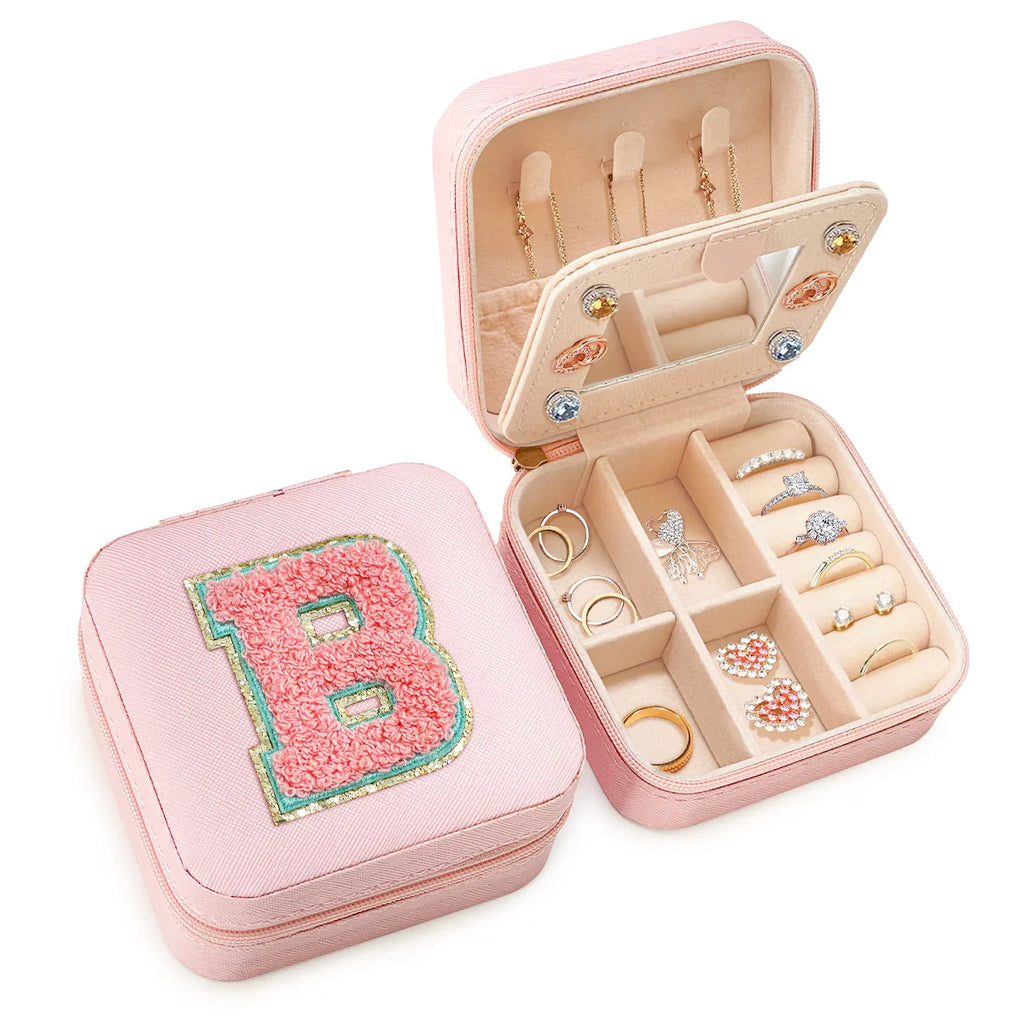 Pink Monogram Square Leather Travel Jewelry Case 4-Layer Sewing
