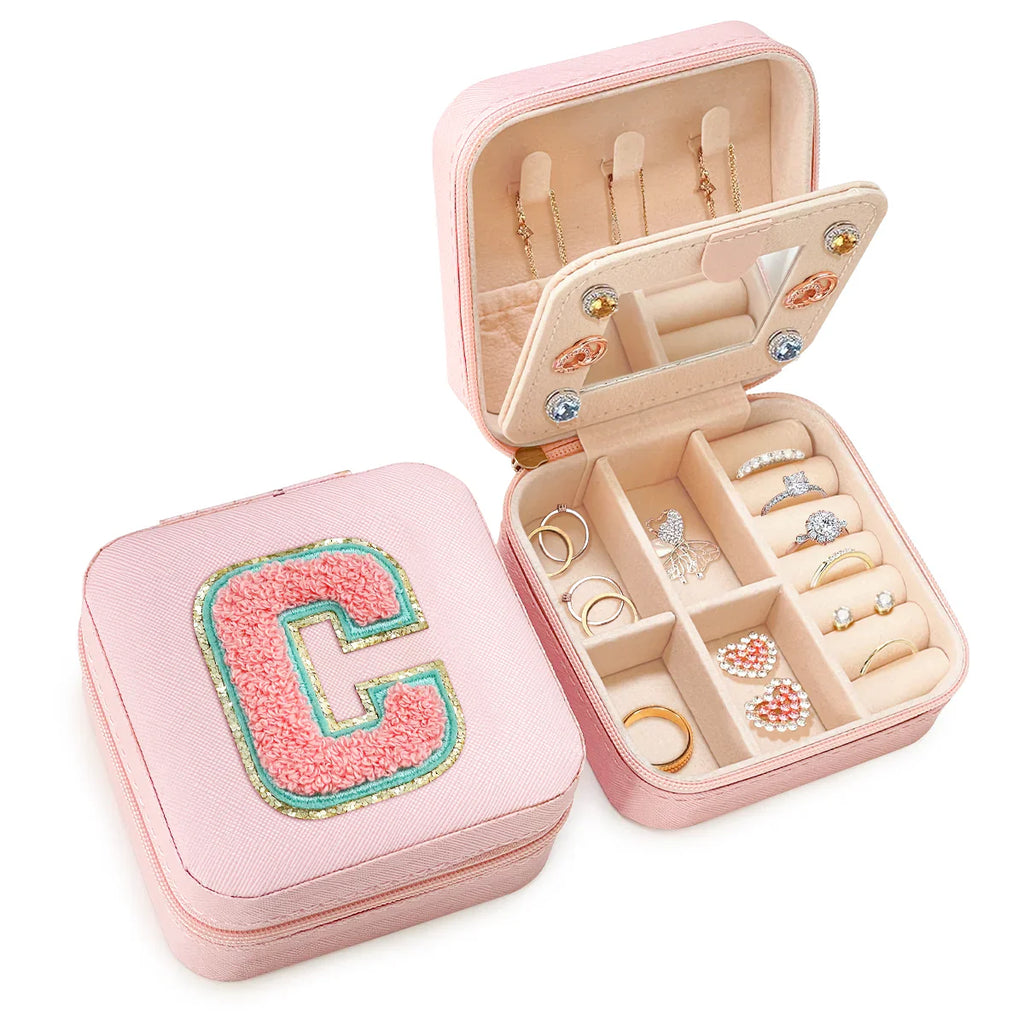 Pink Monogram Square Leather Travel Jewelry Case 4-Layer Sewing