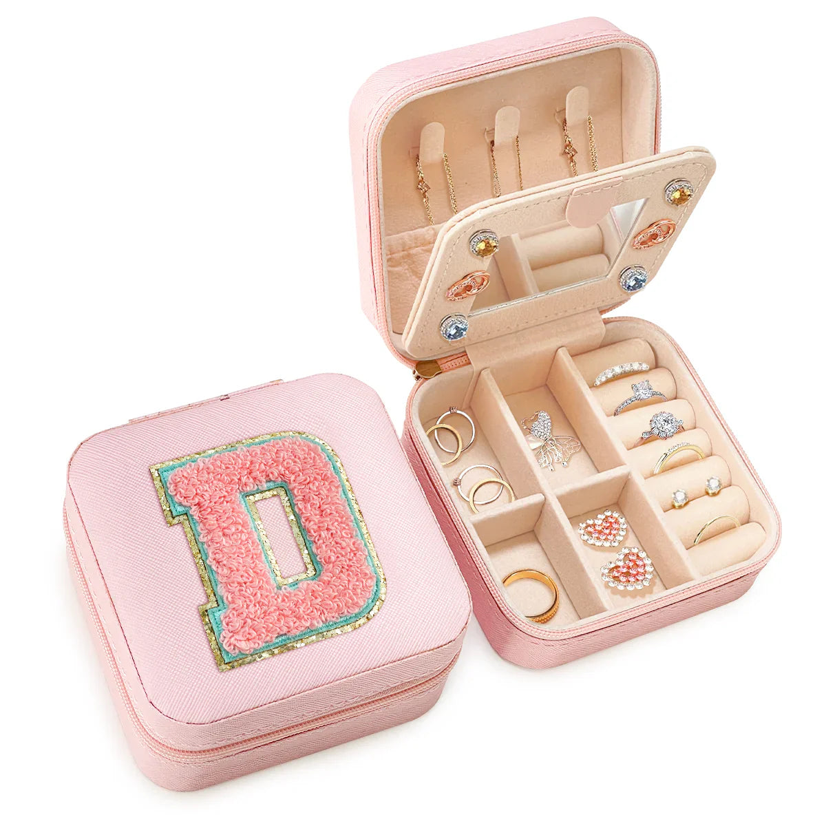 Pink Monogram Square Leather Travel Jewelry Case 4-Layer Sewing