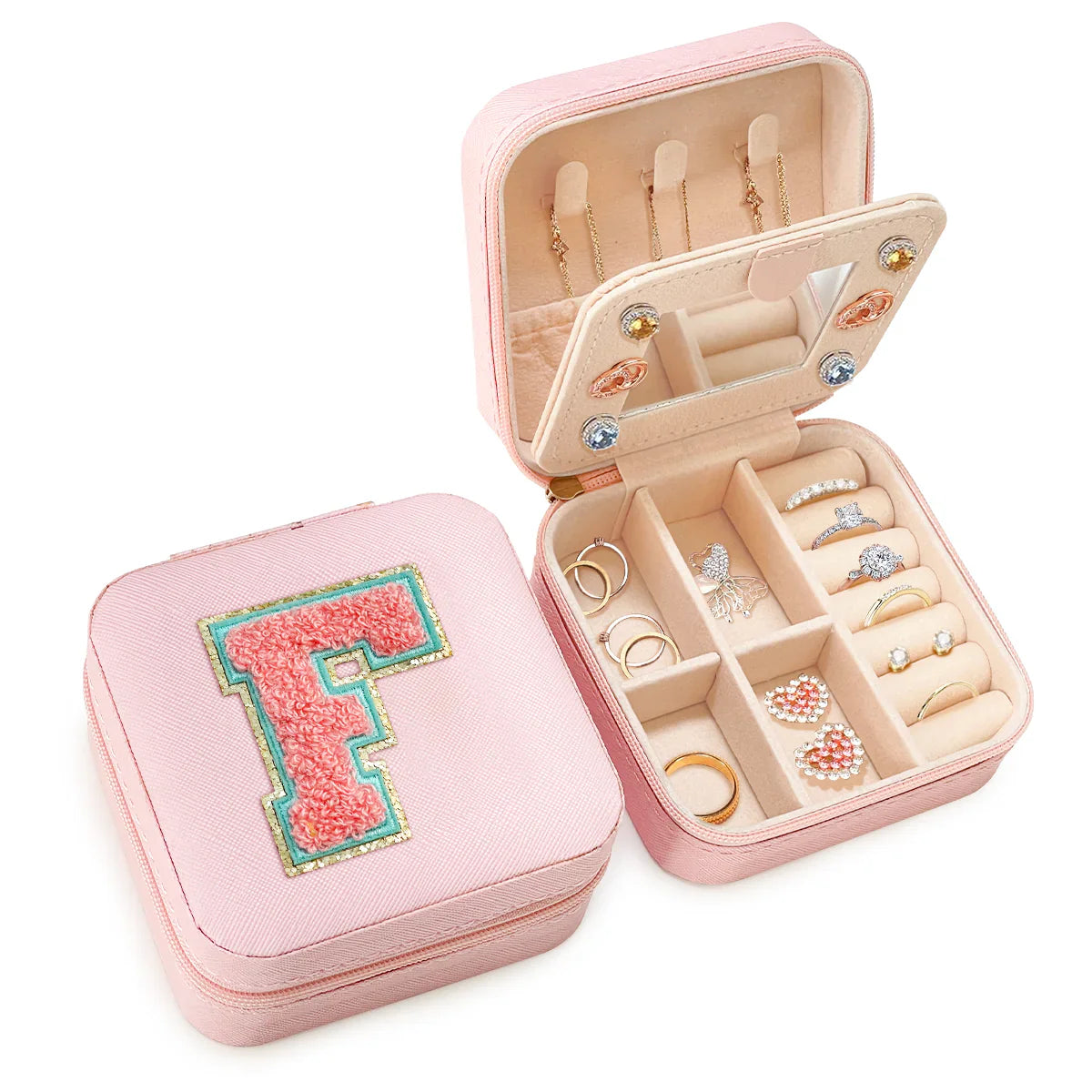 Pink Monogram Square Leather Travel Jewelry Case 4-Layer Sewing