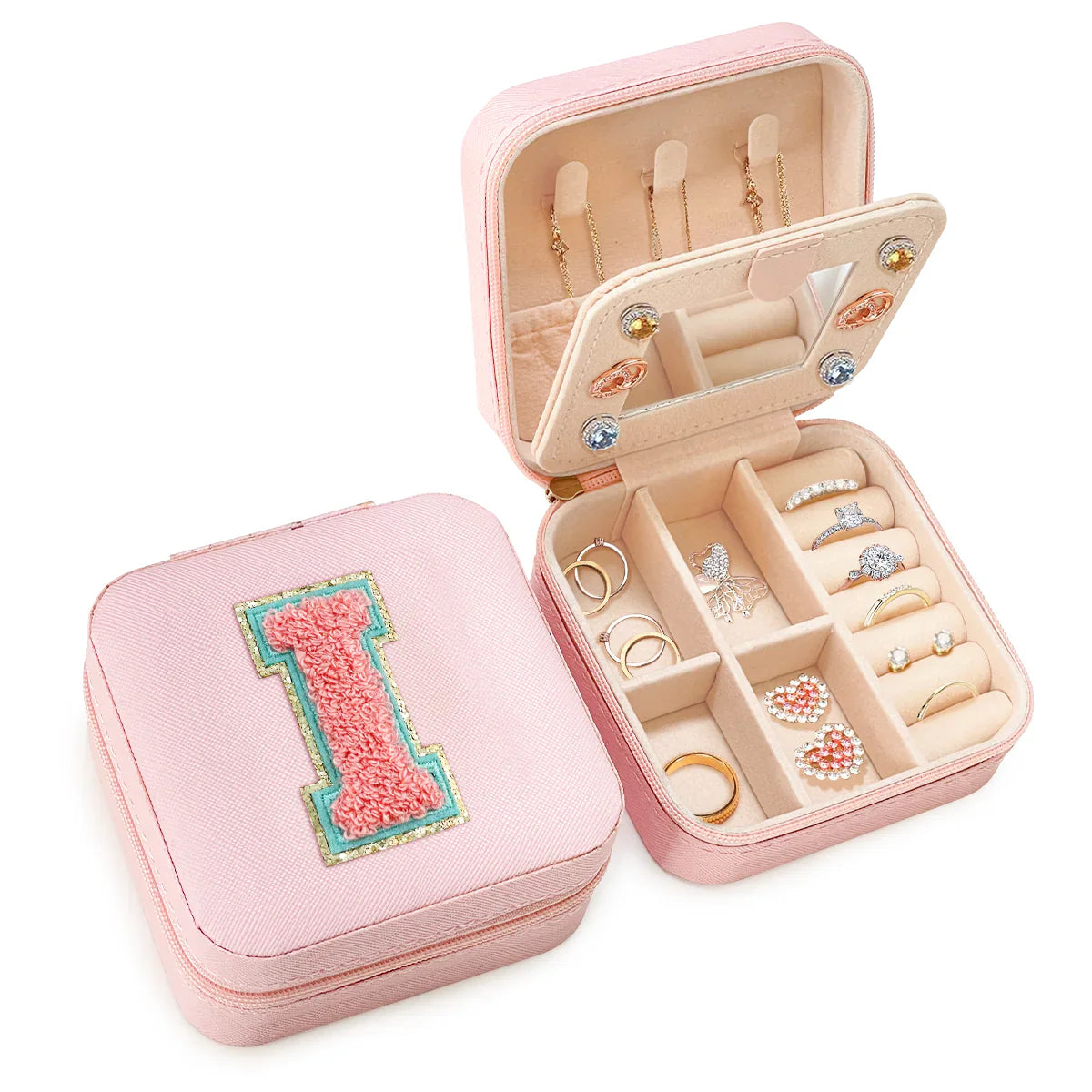 Pink Monogram Square Leather Travel Jewelry Case 4-Layer Sewing