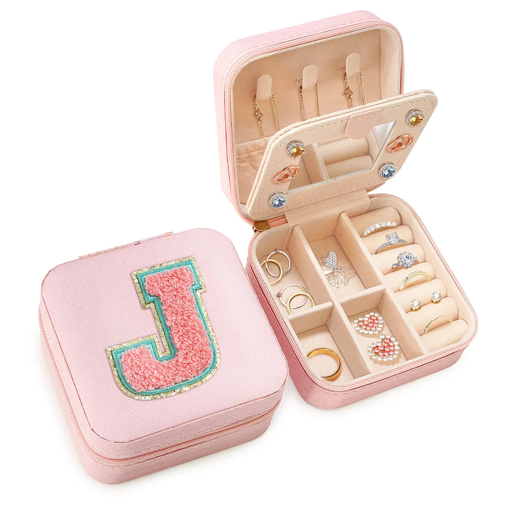 Pink Monogram Square Leather Travel Jewelry Case 4-Layer Sewing