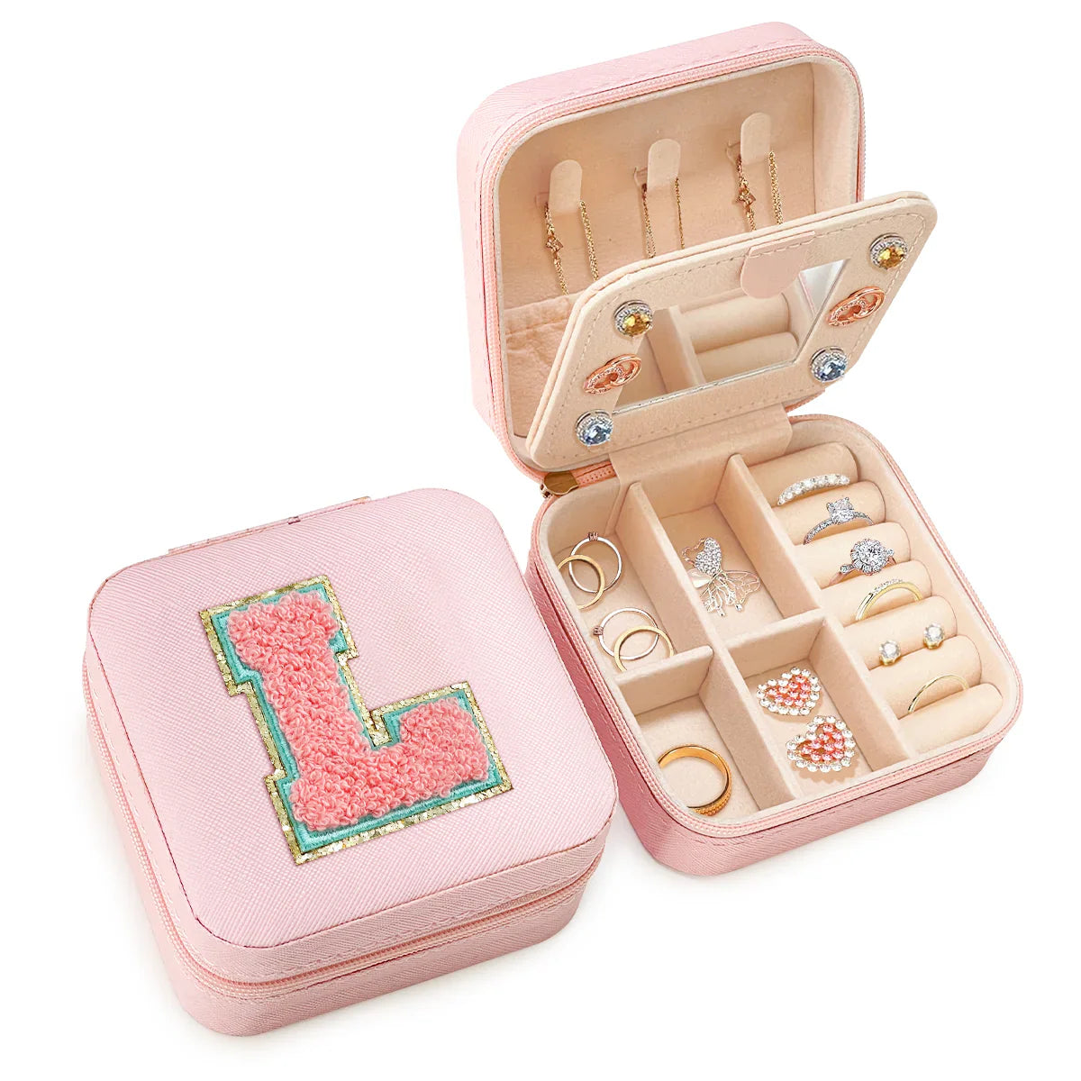 Pink Monogram Square Leather Travel Jewelry Case 4-Layer Sewing