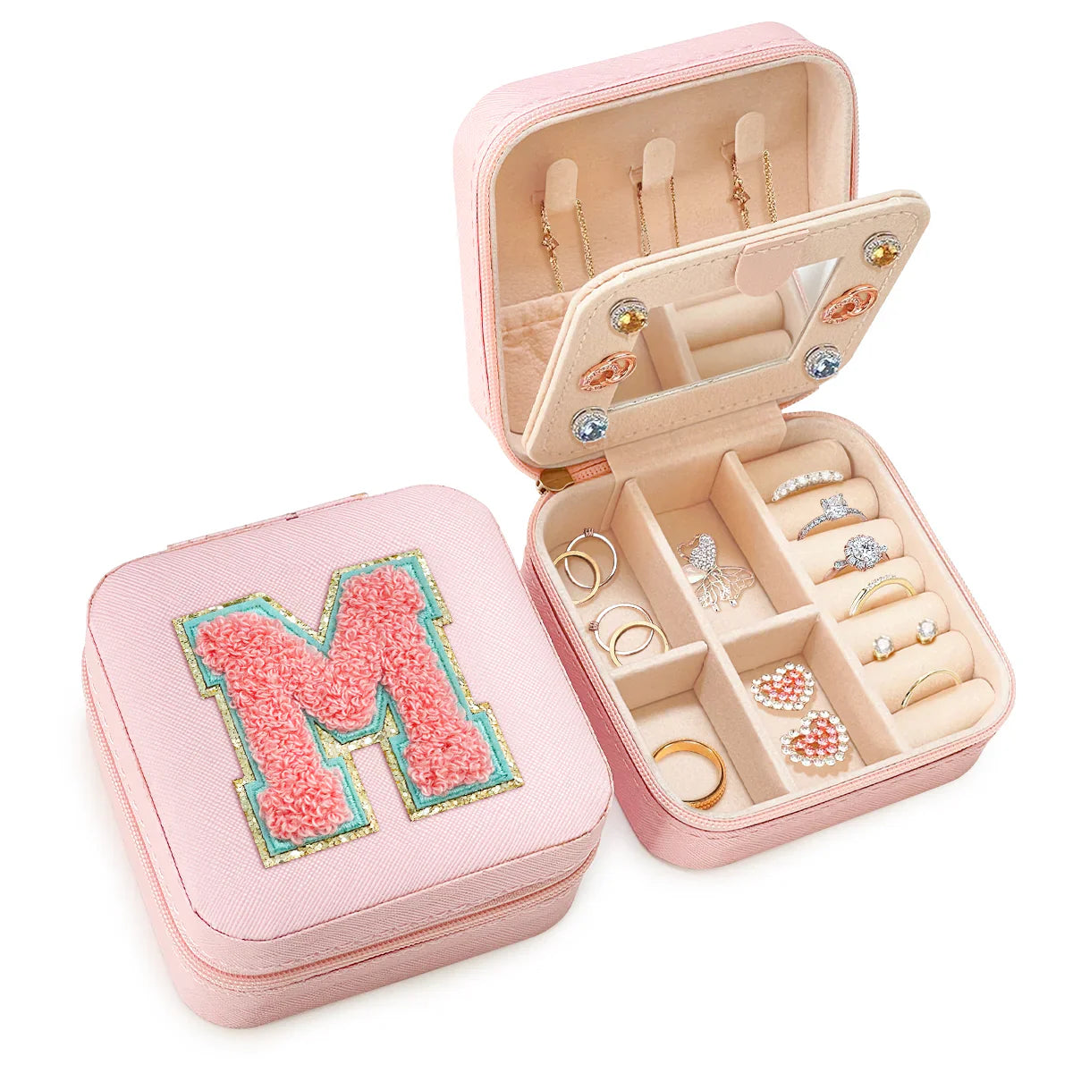 Pink Monogram Square Leather Travel Jewelry Case 4-Layer Sewing