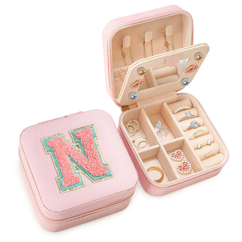 Pink Monogram Square Leather Travel Jewelry Case 4-Layer Sewing