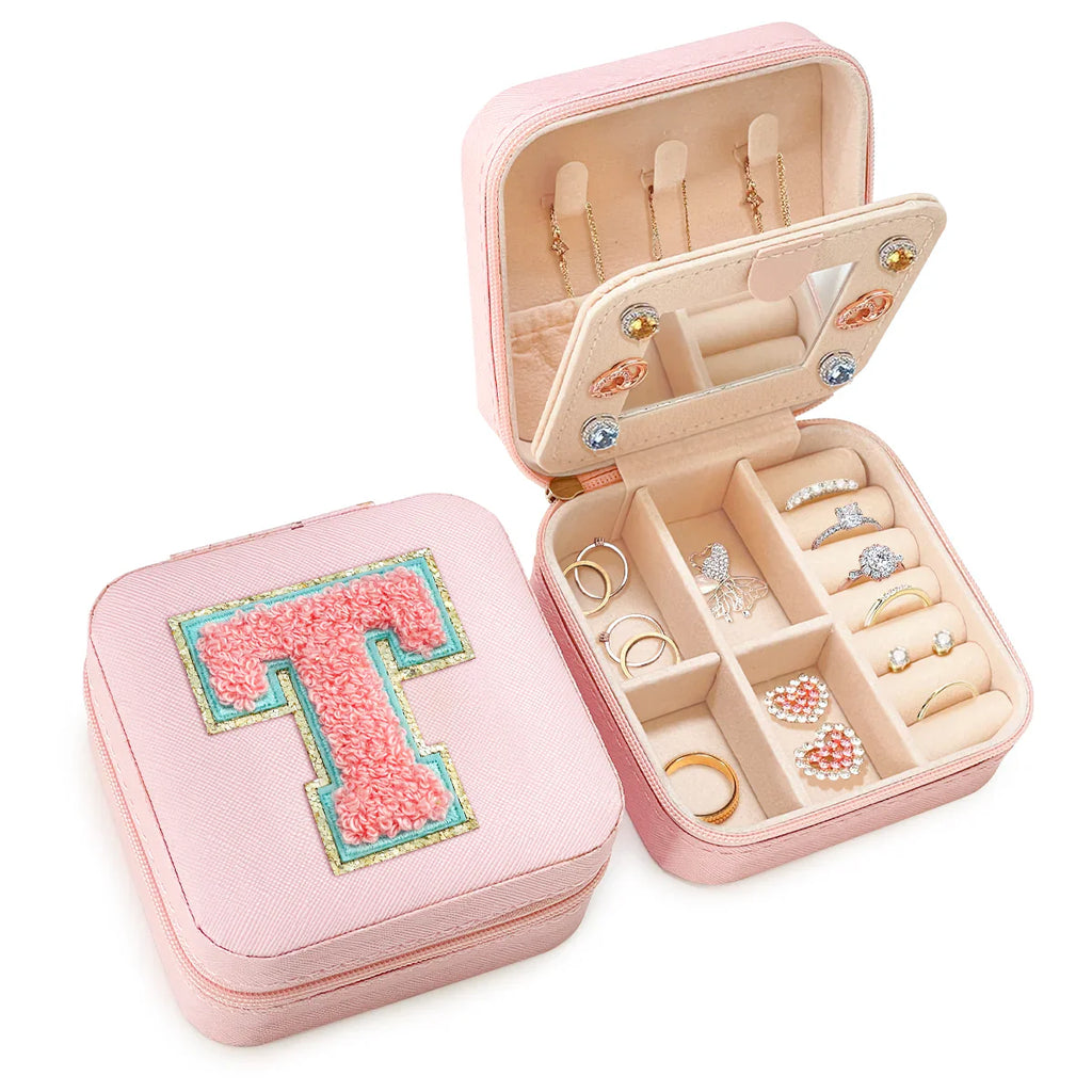 Pink Monogram Square Leather Travel Jewelry Case 4-Layer Sewing