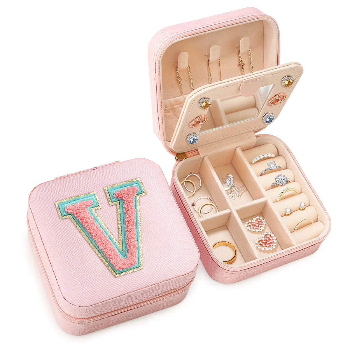 Pink Monogram Square Leather Travel Jewelry Case 4-Layer Sewing